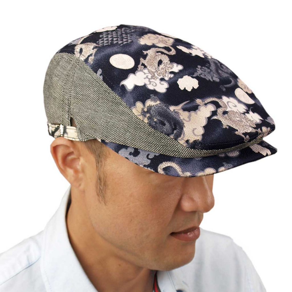 A hunting cap decorated with traditional Japanese cloth.